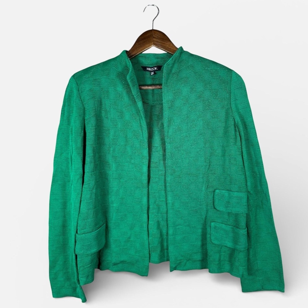 Misook Cardigan Sweater Womens Petite Medium Green Mock Neck Open Front Pockets